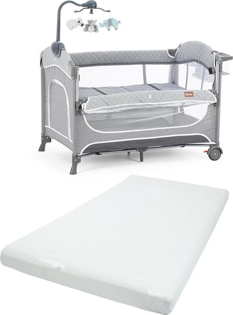 Atlas Plus Anne Yanı Sallanır Cibinlikli Dönenceli Oyun Parkı Bebek Beşik 70X110 Cm + Visco Yatak Light Grey