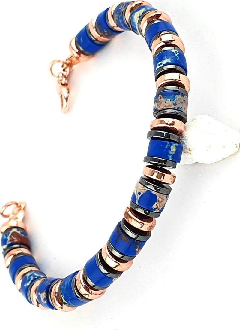 Lapis Lazuli  Hematit Taşlı Çelik Detaylı Tasarım Doğal Taş Bileklik
