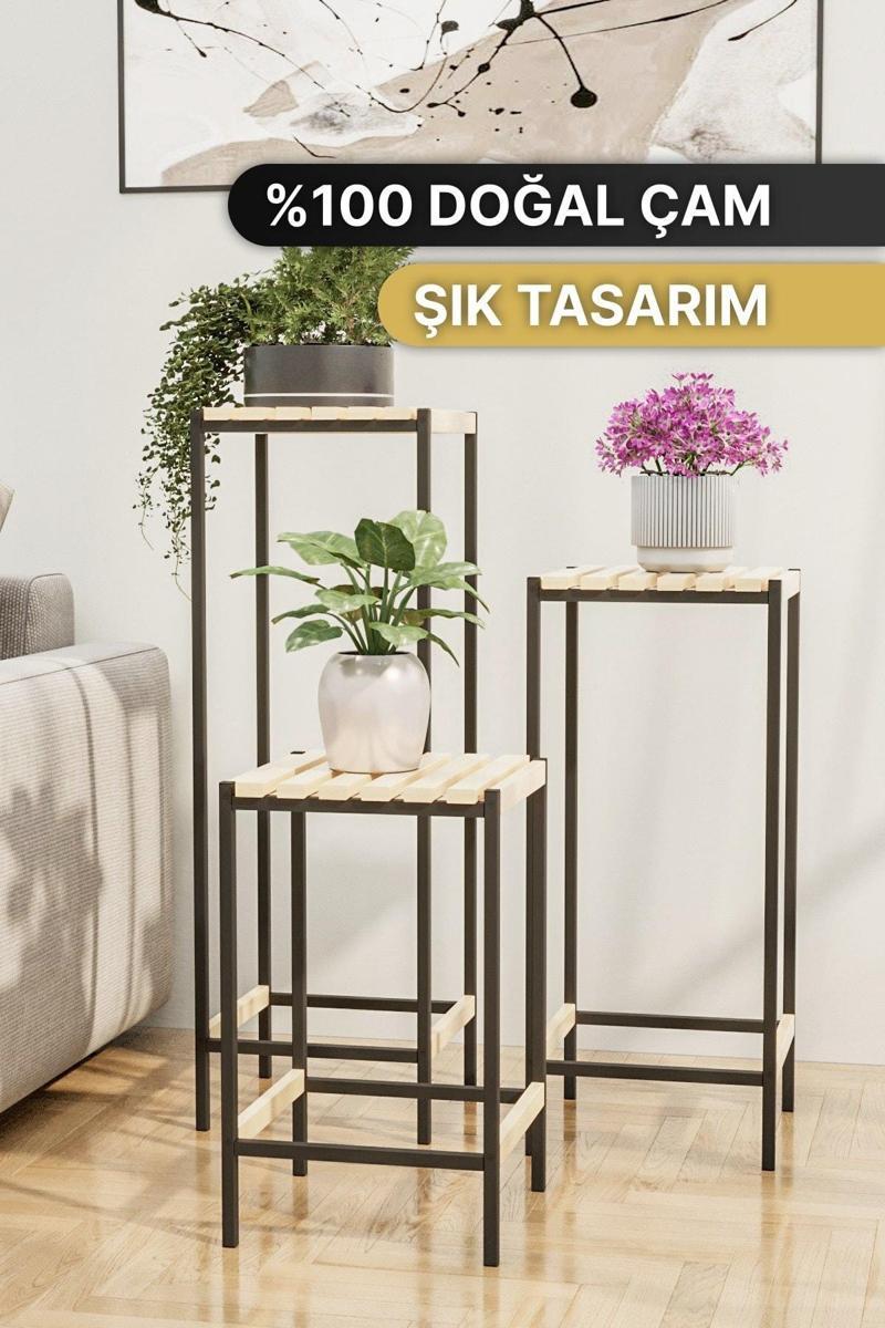 Çiçeklik 3 Lü Set Ahşap Saksılık Dekoratif Lüks Bahçe Mobilyası Saksı Standı Bahçe Balkon Rafı