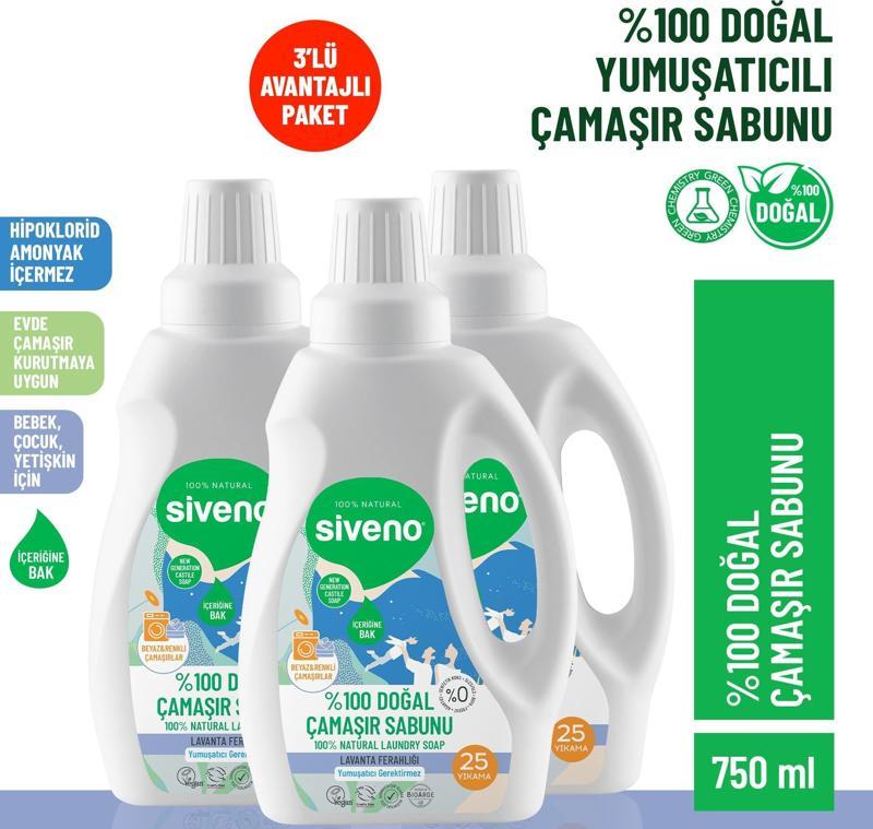 %100 Doğal Çamaşır Sabunu %100 Bitkisel Deterjan Yumuşatıcı Gerektirmez Konsantre 750 ml X 3 Adet