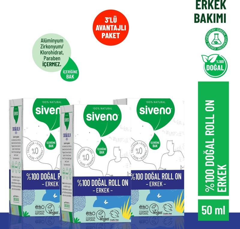 %100 Doğal Roll-On Erkek Deodorant Ter Kokusu Önleyici Bitkisel Leke Bırakmayan Vegan 50 ml X 3 Adet