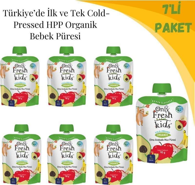 Organik Taze Soğuk Sıkım Avokado Muz Elma Bebek Püresi 7'li Paket