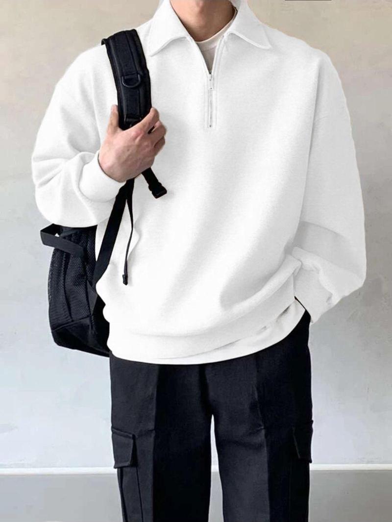 Store Erkek Polo Yaka Oversize Sweatshirt Yarım Fermuar Sweatshirt Bej L