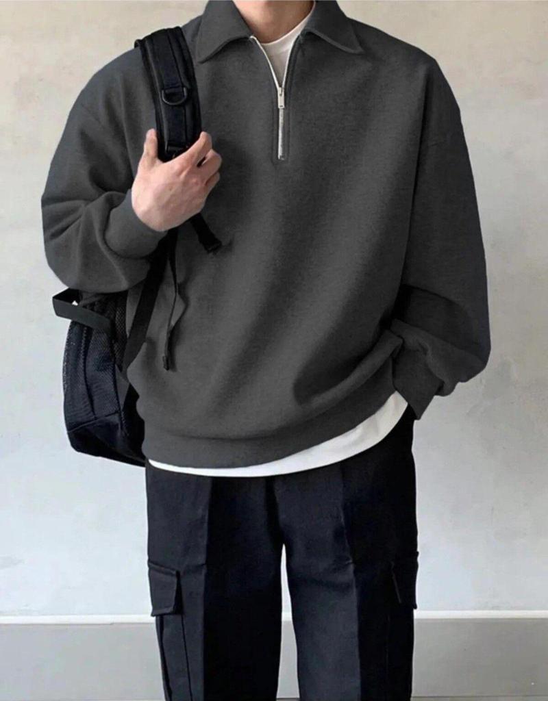 Erkek Polo Yaka Oversize Sweatshirt Yarım Fermuar Sweatshirt Oversıze-Sweatshırt Füme L