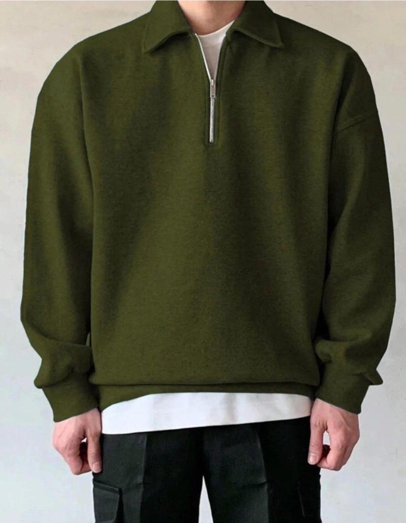 Erkek Polo Yaka Oversize Sweatshirt Yarım Fermuar Sweatshirt Oversıze-Sweatshırt Haki 2Xl