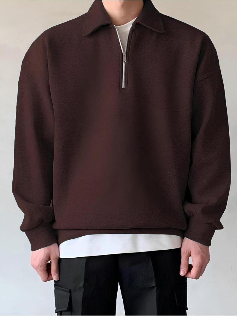 Store Erkek Polo Yaka Oversize Sweatshirt Yarım Fermuar Sweatshirt Kahverengi M