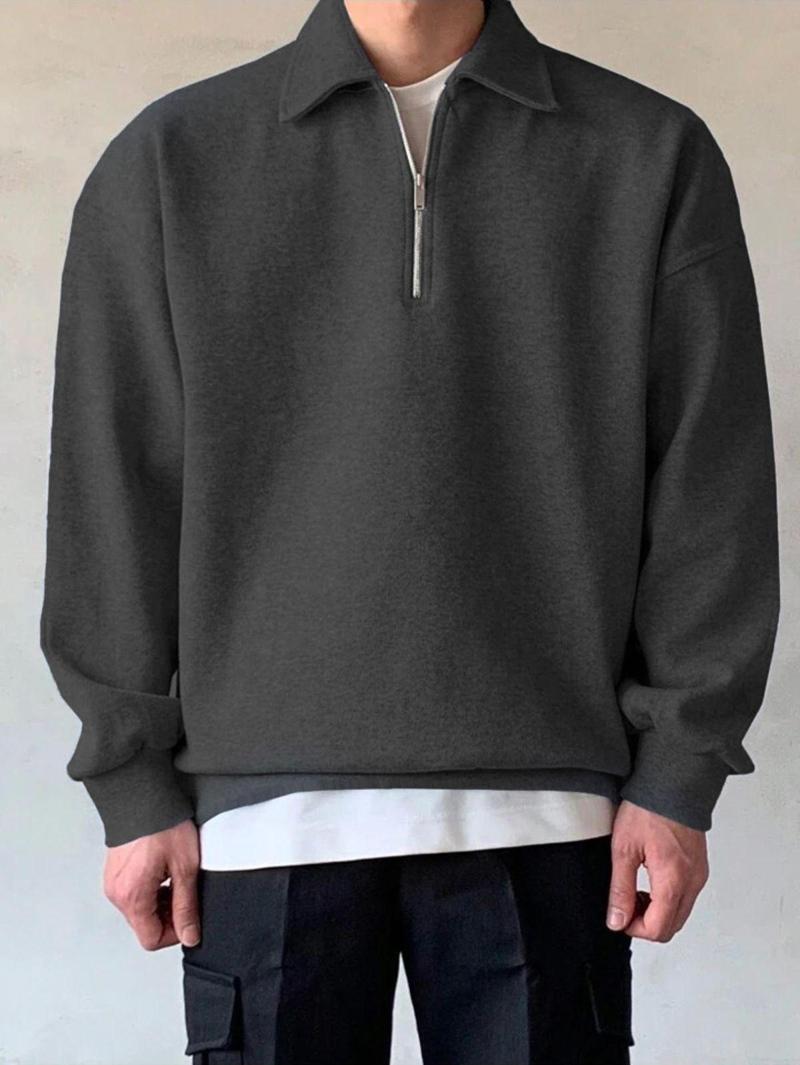 Erkek Polo Yaka Oversize Sweatshirt Yarım Fermuar Sweatshirt Oversıze-Sweatshırt Füme M