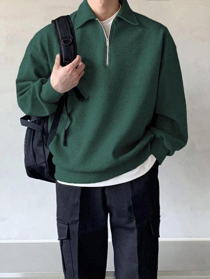 Erkek Polo Yaka Oversize Sweatshirt Yarım Fermuar Sweatshirt Yeşil L