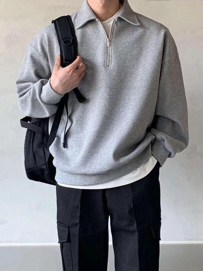 Store Erkek Polo Yaka Oversize Sweatshirt Yarım Fermuar Sweatshirt Gri L