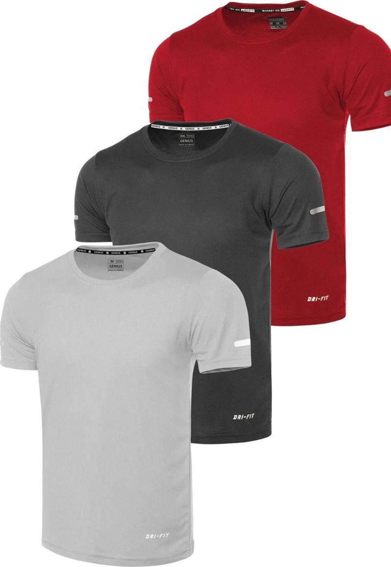 3'Lü Erkek Nem Emici Hızlı Kuruma Atletik Teknik Performans Spor T-Shirt Gri Xl