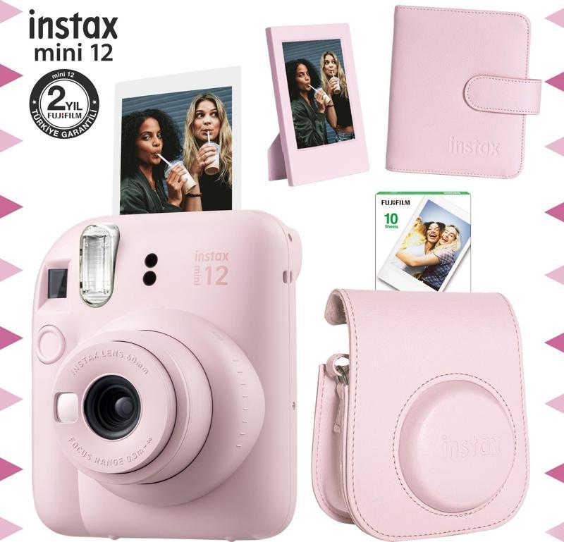 mini 12 Pembe Fotoğraf Makinesi-10'lu Film-Çerçeve-Kare Albüm ve Deri Kılıf Seti