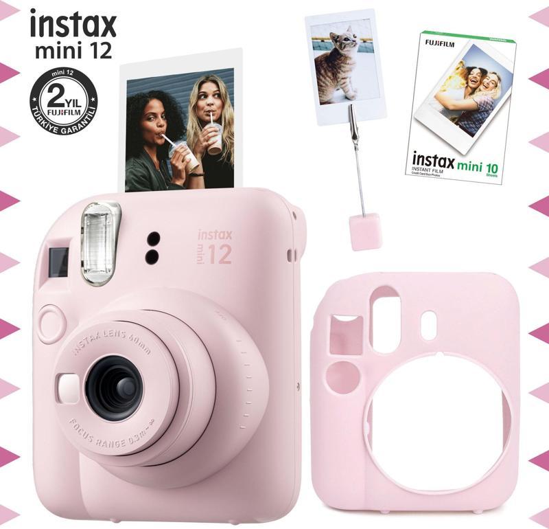 mini 12 Pembe Fotoğraf Makinesi-10'lu Film-Kıskaçlı Resim Standı ve Silikon Kılıf Seti