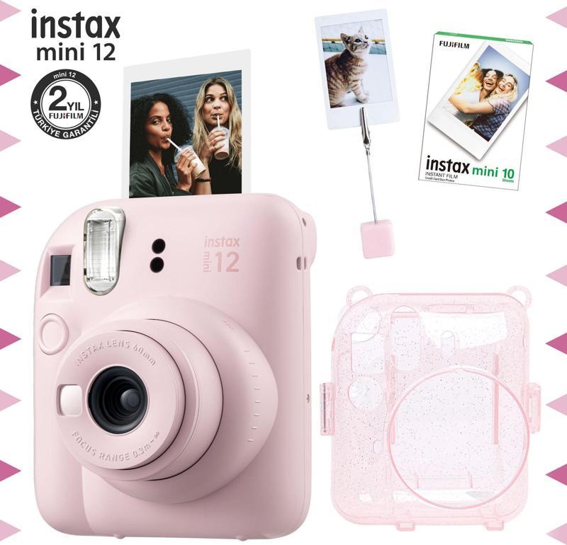 mini 12 Pembe Fotoğraf Makinesi-10'lu Film-Kıskaçlı Resim Standı ve Simli Pleksi Kılıf Seti