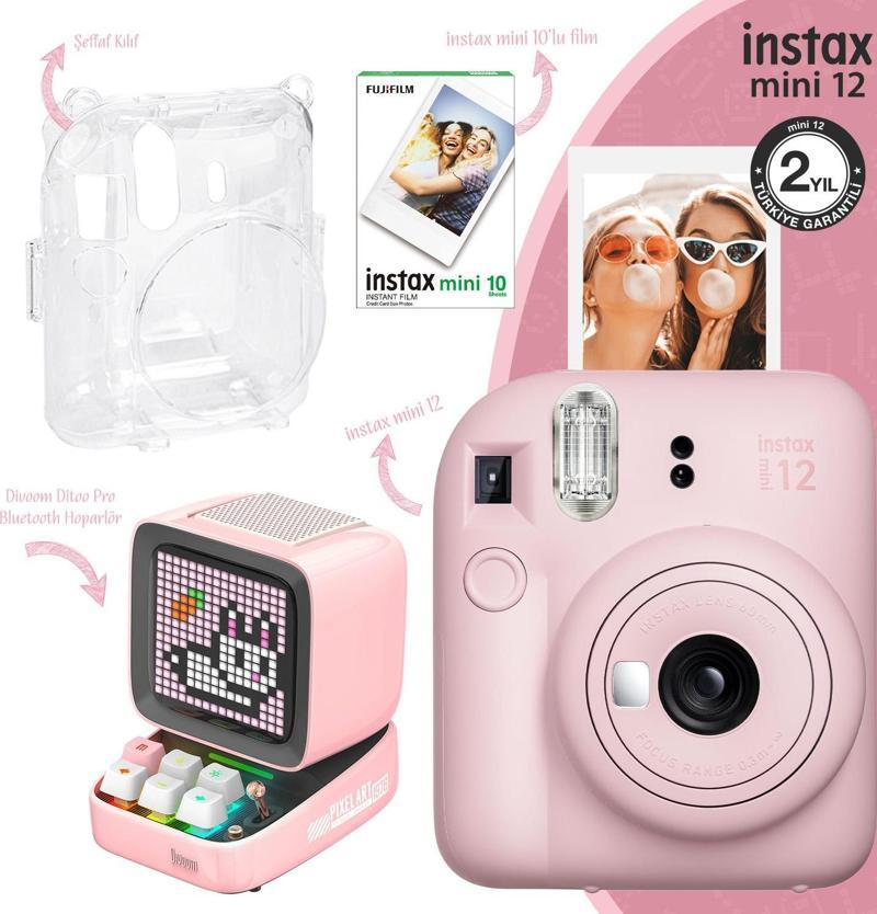 mini 12 Pembe Fotoğraf Makinesi-10'lu Film-Şeffaf Kılıf ve Divoom Ditoo Pro Pembe Uyarlanabil