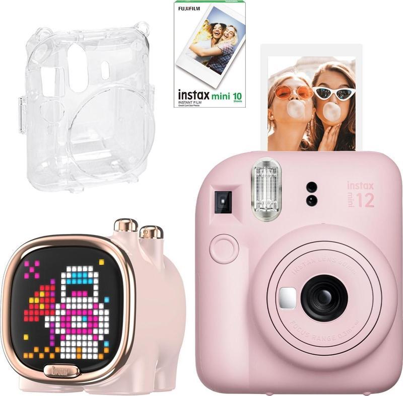 mini 12 Pembe Fotoğraf Makinesi-10'lu Film-Şeffaf Kılıf ve Divoom Zooe Led Ekranlı Bluetooth