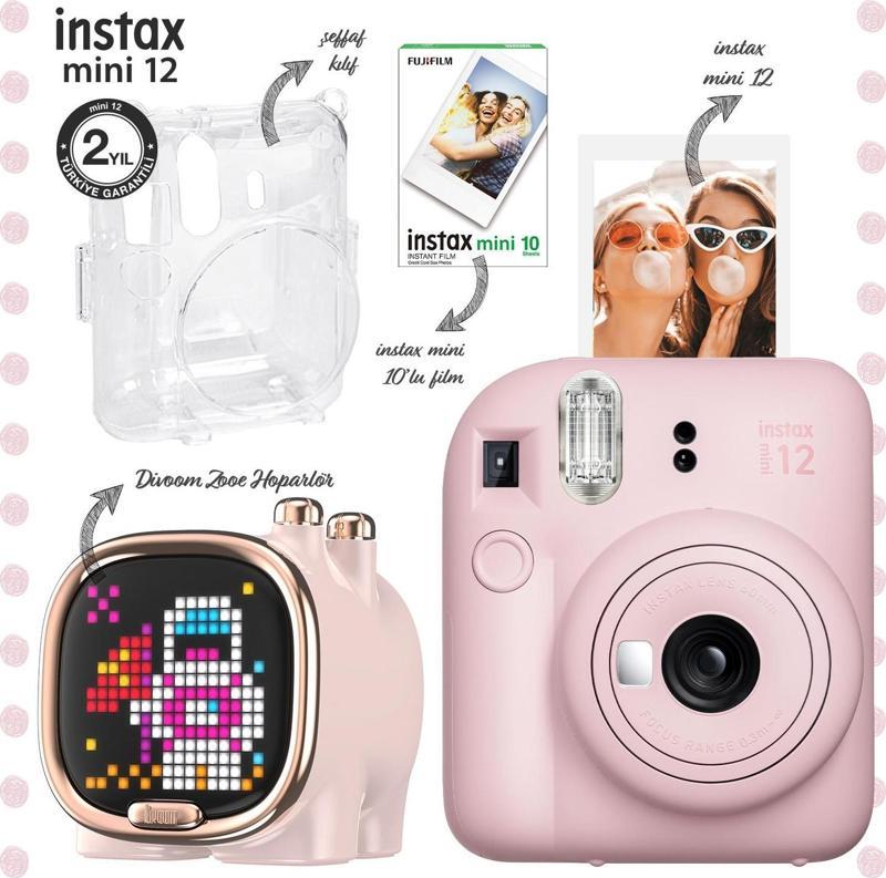 mini 12 Pembe Fotoğraf Makinesi-10'lu Film-Şeffaf Kılıf ve Divoom Zooe Led Ekranlı Bluetooth