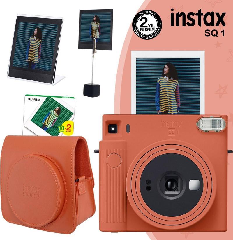 SQ1 Terracotta Turuncu Fotoğraf Makinesi 20li Kare Film Deri Kılıf Pleksi Çerçeve ve Kıskaçlı