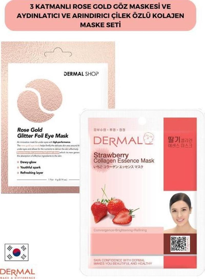 3 Katmanlı Rose Gold Göz Maskesi ve Aydınlatıcı Ve Arındırıcı Çilek Özlü Kolajen Maske Seti