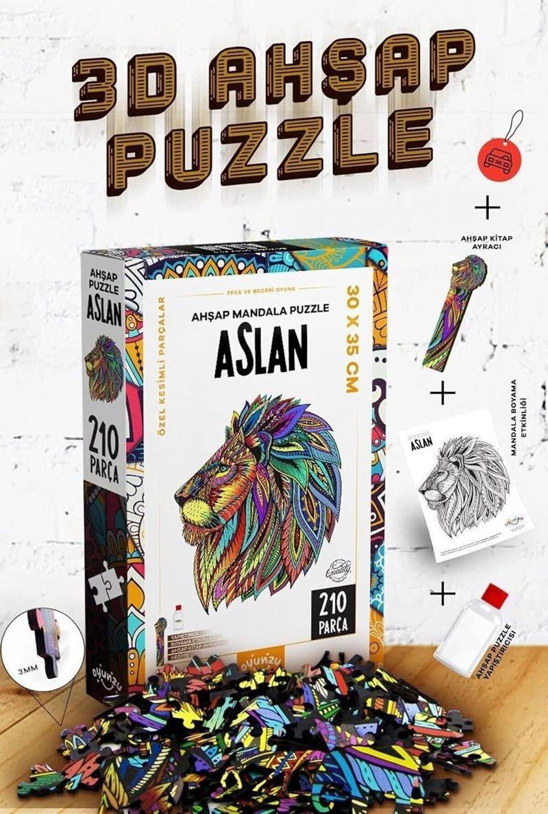 Aslan Temalı 210 Parça Renkli Ahşap Puzzle Çocuk Pazıl  Yapıştırıcı Hediyeli