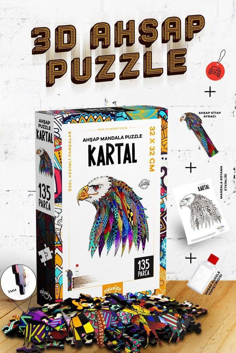 Kartal Temalı 135 Parça Renkli Ahşap Puzzle Çocuk Pazıl  Yapıştırıcı Hediyeli