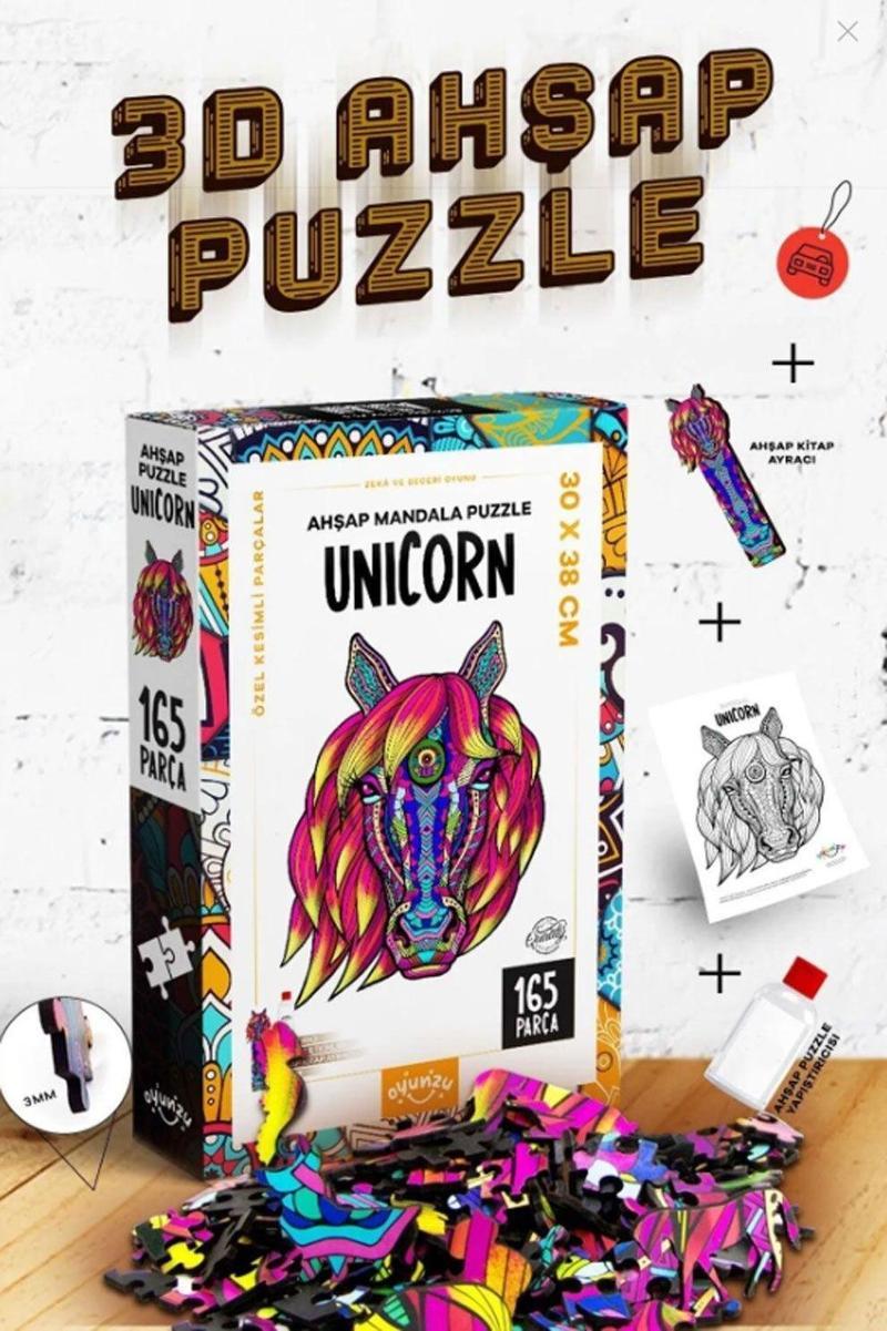 Unicorn Temalı 165 Parça Renkli Ahşap Puzzle Çocuk Pazıl  Yapıştırıcı Hediyeli