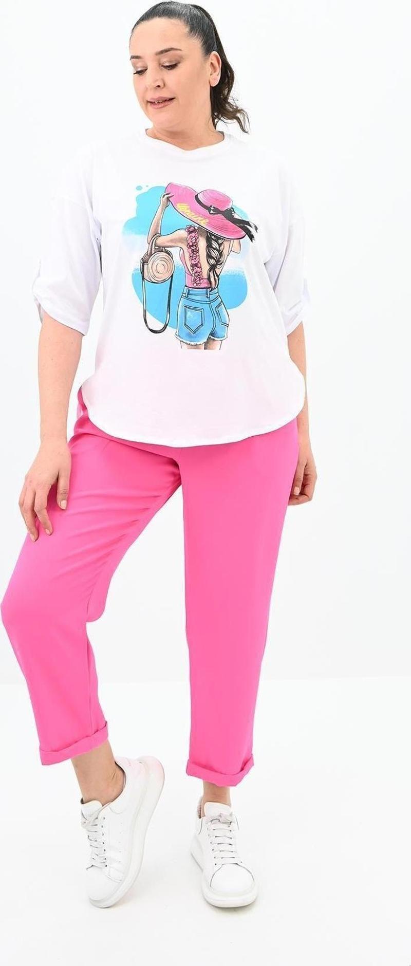 Kadın Büyük Beden Oversize T-Shirt Takım 8104-24 Pembe 6XL