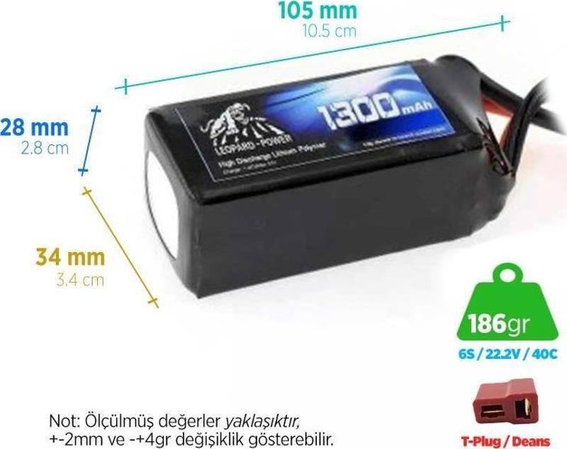 1300 mAh 22.2V 6S 40C Lityum Polimer Lipo Batarya Pil T Plug