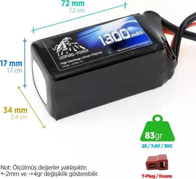 1300 mAh 7.4V 2S 30C Lityum Polimer Lipo Batarya Pil T Plug