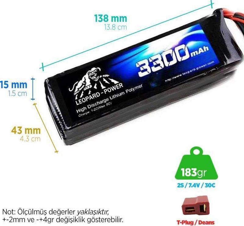 3300mAh 7.4V 2S 30C Lityum Polimer Lipo Batarya Pil T Plug