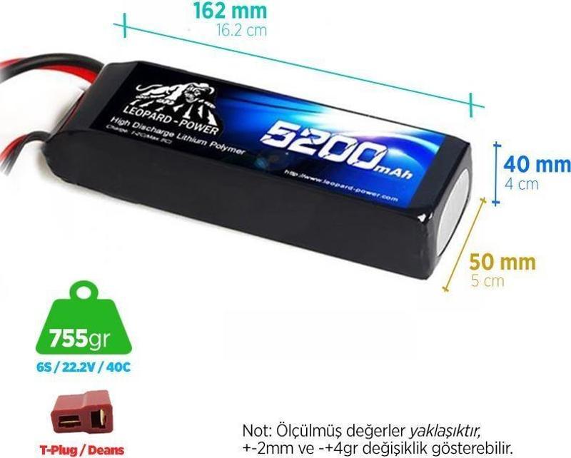 5200 mAh 22.2V 6S 40C Lityum Polimer Lipo Batarya Pil T Plug