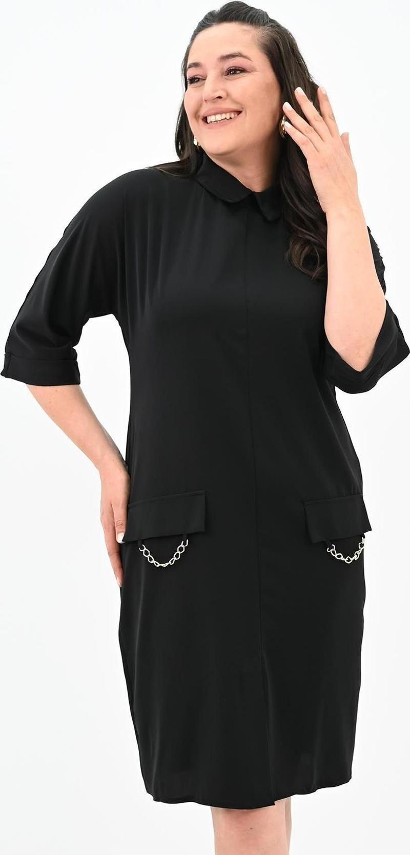 Kadın Büyük Beden Polo Yaka Elbise 5214-24 Siyah 2XL