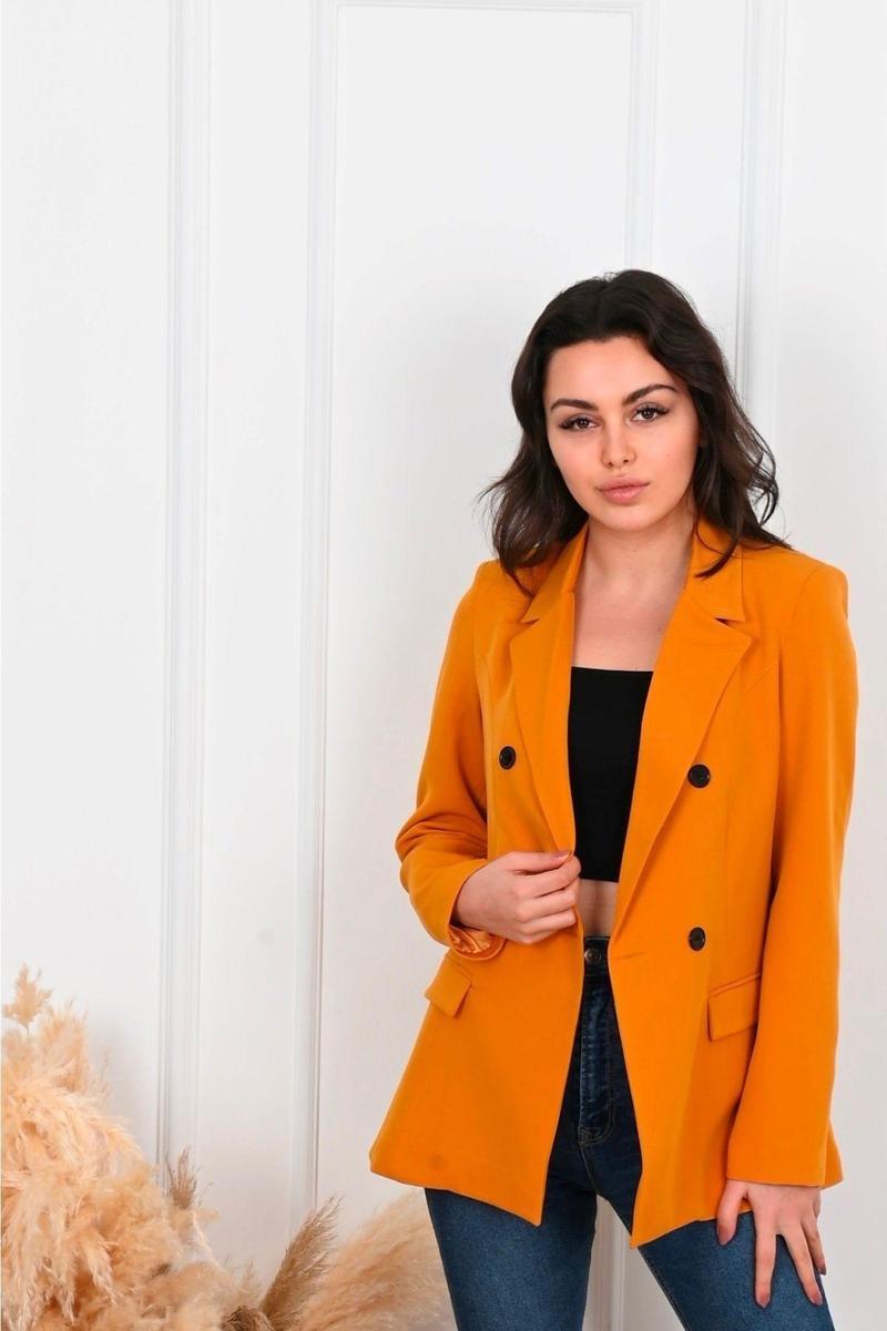 Kadın Astarlı Büyük Beden Blazer Ceket 0101-1 Hardal 46