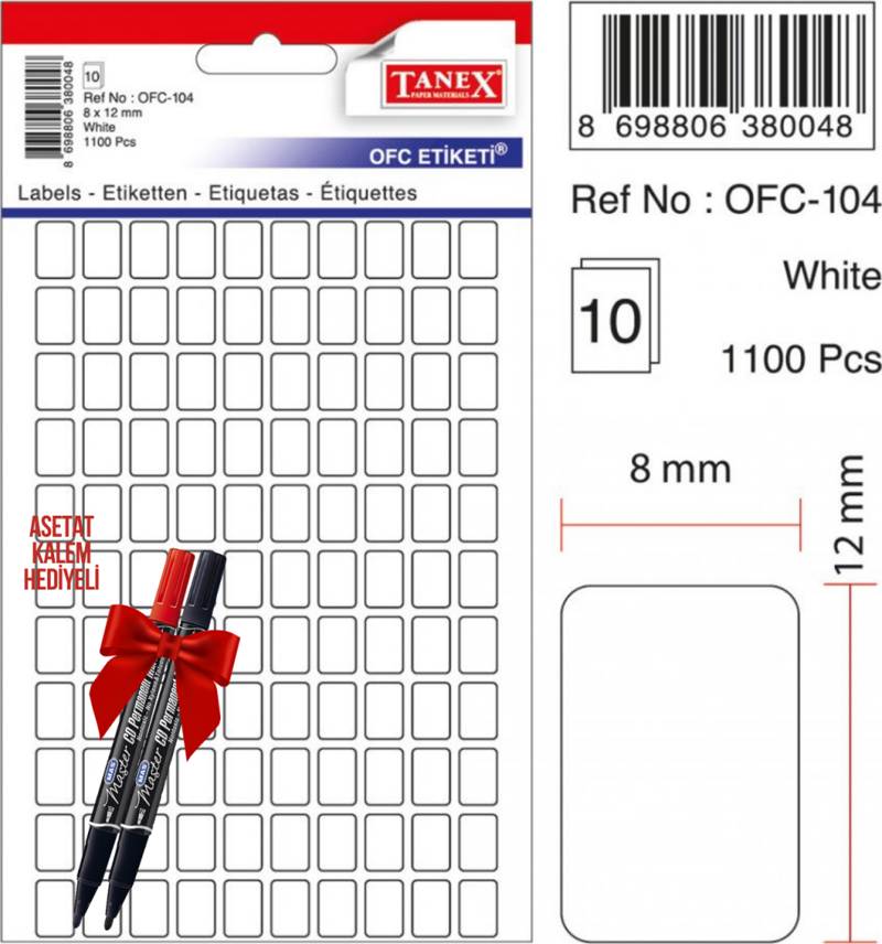 OFC-104 8x12 Mm Beyaz Ofis Etiketi 10 sayfa 2'li Asetat Kalem Hediyeli