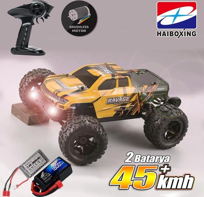 HAIBOXING RC 1/16 Ravage 45+ KM/H Sürat RC Araba RTR Elektrikli 4WD Brushless Offroad (Sarı)+1500mAh 7.4V2S Lipo Batarya