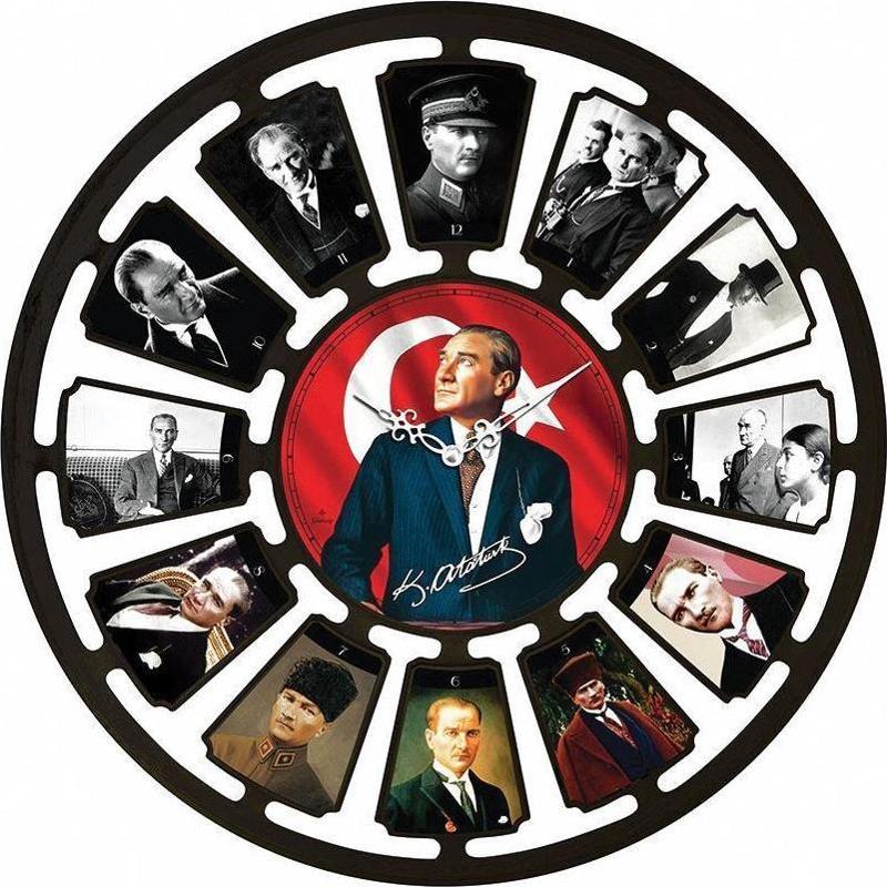 734 Serisi Atatürk Desenli Sessiz Akar Duvar Saati 50 cm