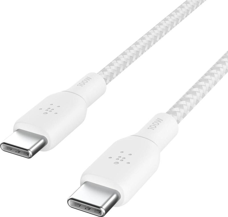 Çift Örgülü USB-C - USB-C Kablosu, 100 W Güç Kablosu, Beyaz