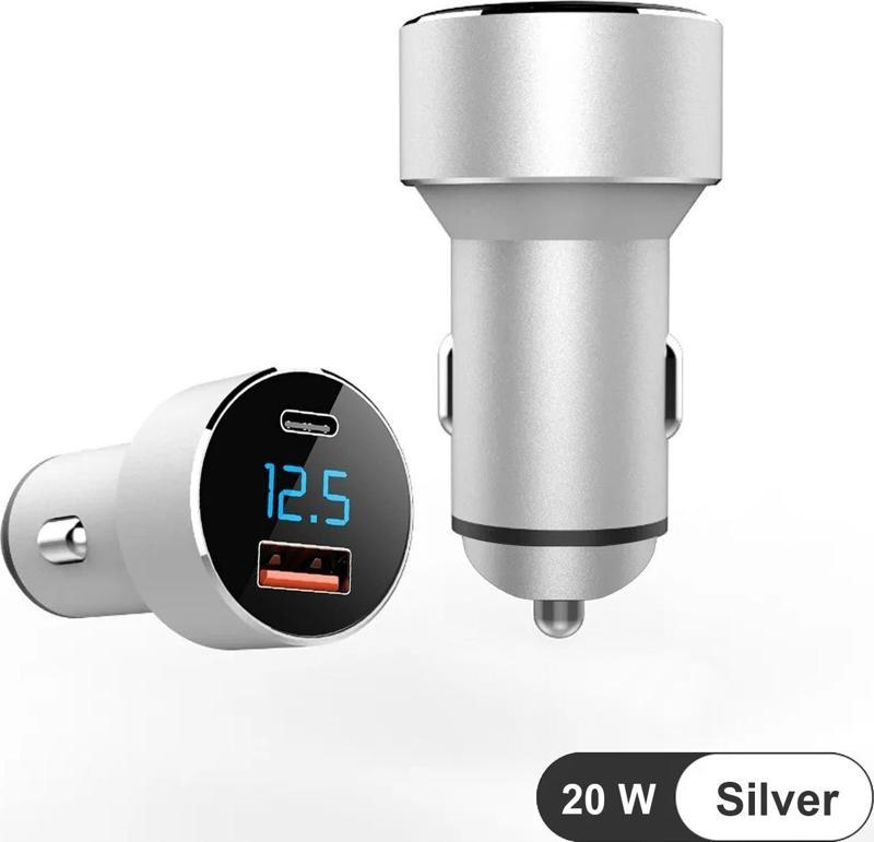 Silver Araç İçi USB 3.0 Type C Soketli 20 Watt Çakmaklık Güç Adaptörü Tüm Cihazlar 12V-24V