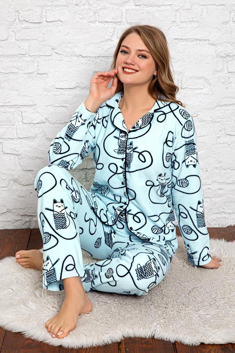 Kadın Kışlık Welsoft Peluş Polar  Düğmeli Pijama Takımı