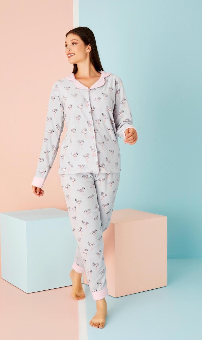 Kadın Kışlık Welsoft Peluş Polar  Düğmeli Pijama Takımı