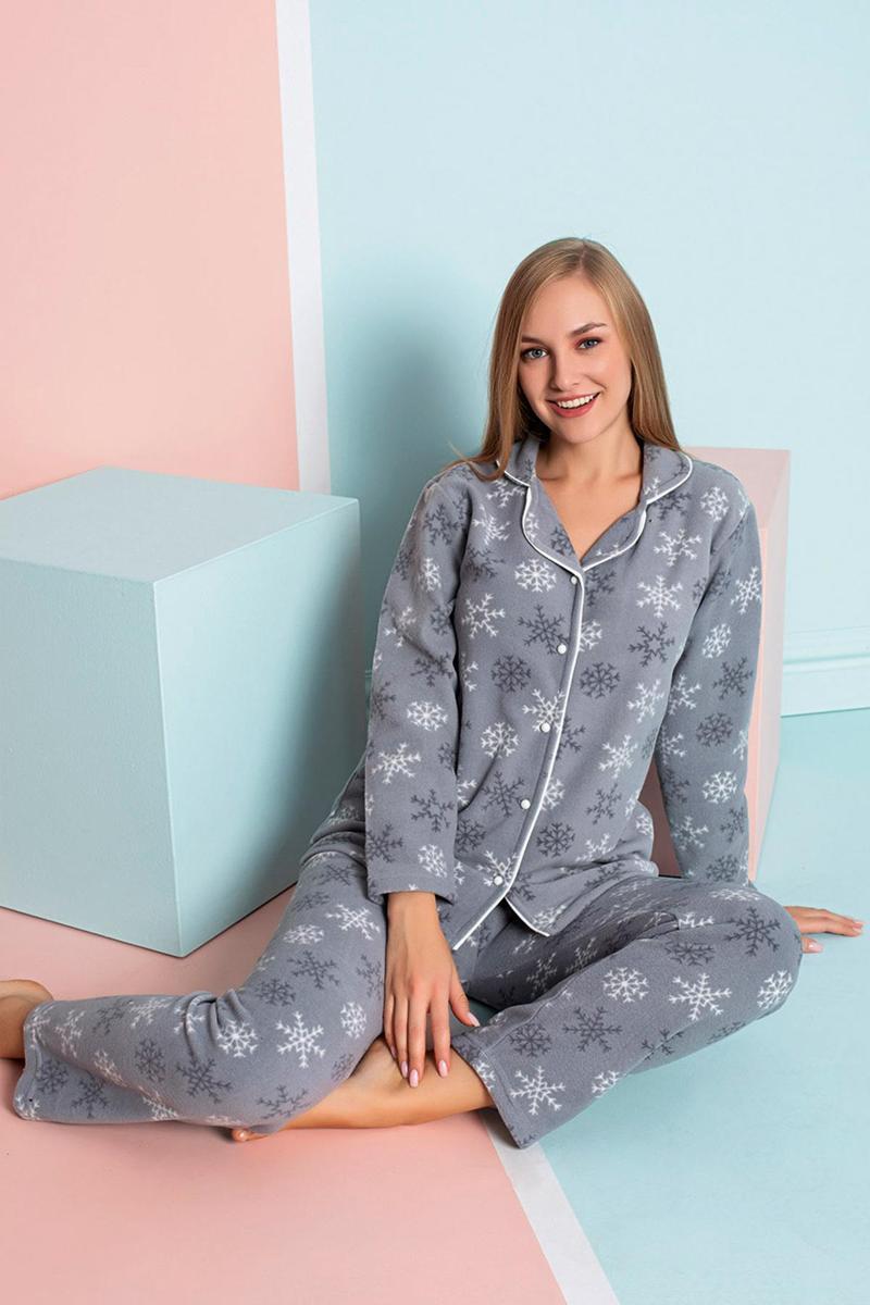 Kadın Kışlık Welsoft Peluş Polar  Düğmeli Pijama Takımı