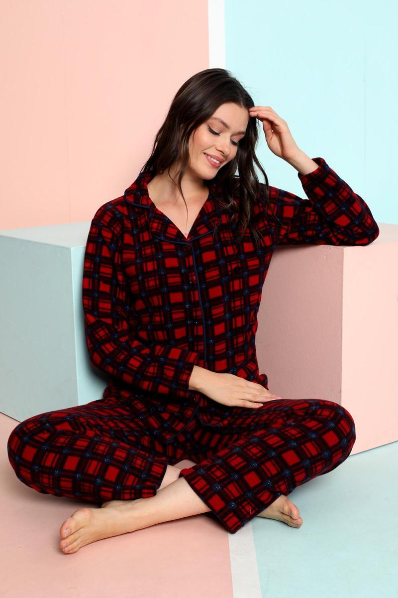 Kadın Kışlık Welsoft Peluş Polar  Düğmeli Pijama Takımı