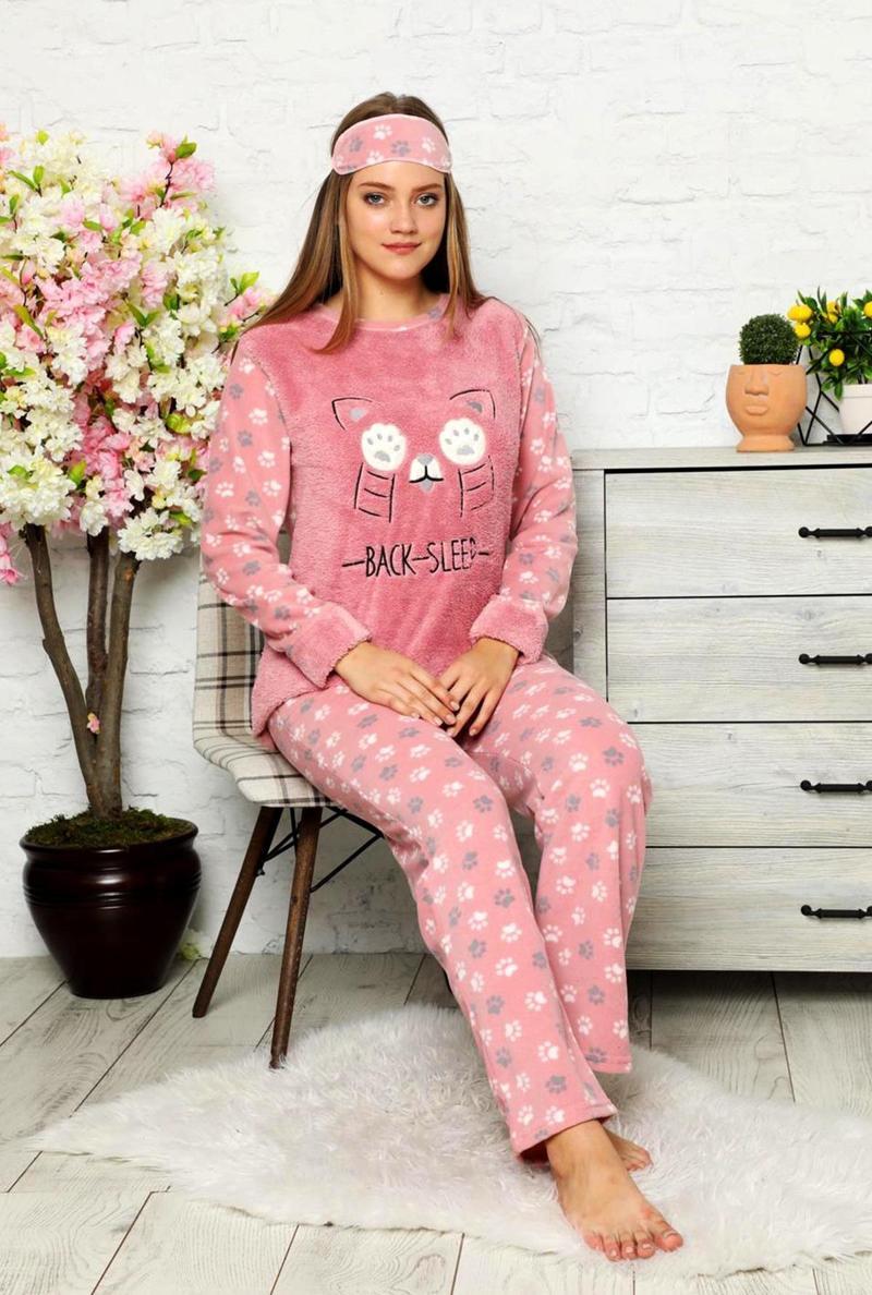 Kışlık Peluş Polar Yılbaşı Temalı Kadın Pijama Takımı