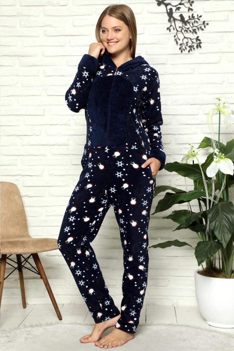 Fermuar Detaylı Kışlık Welsoft Polar Kadın Tulum Pijama Takımı