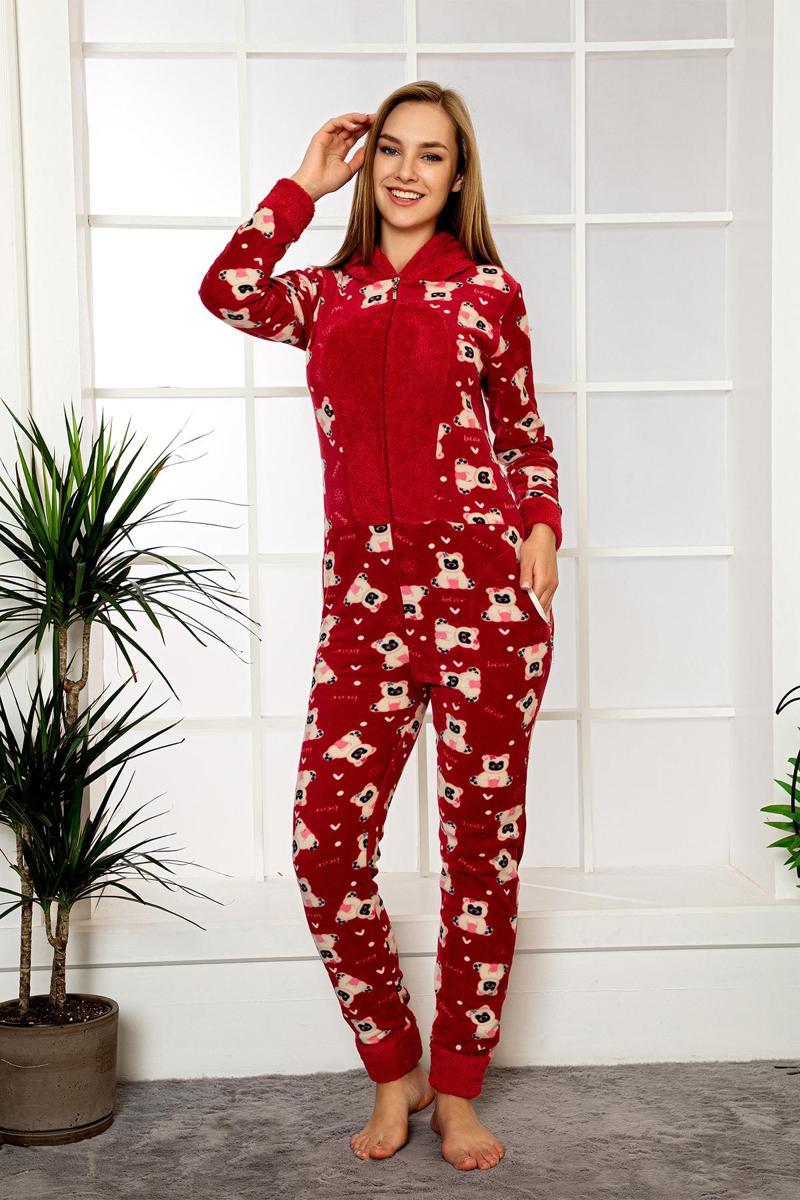 Fermuar Detaylı Kışlık Welsoft Polar Kadın Tulum Pijama Takımı