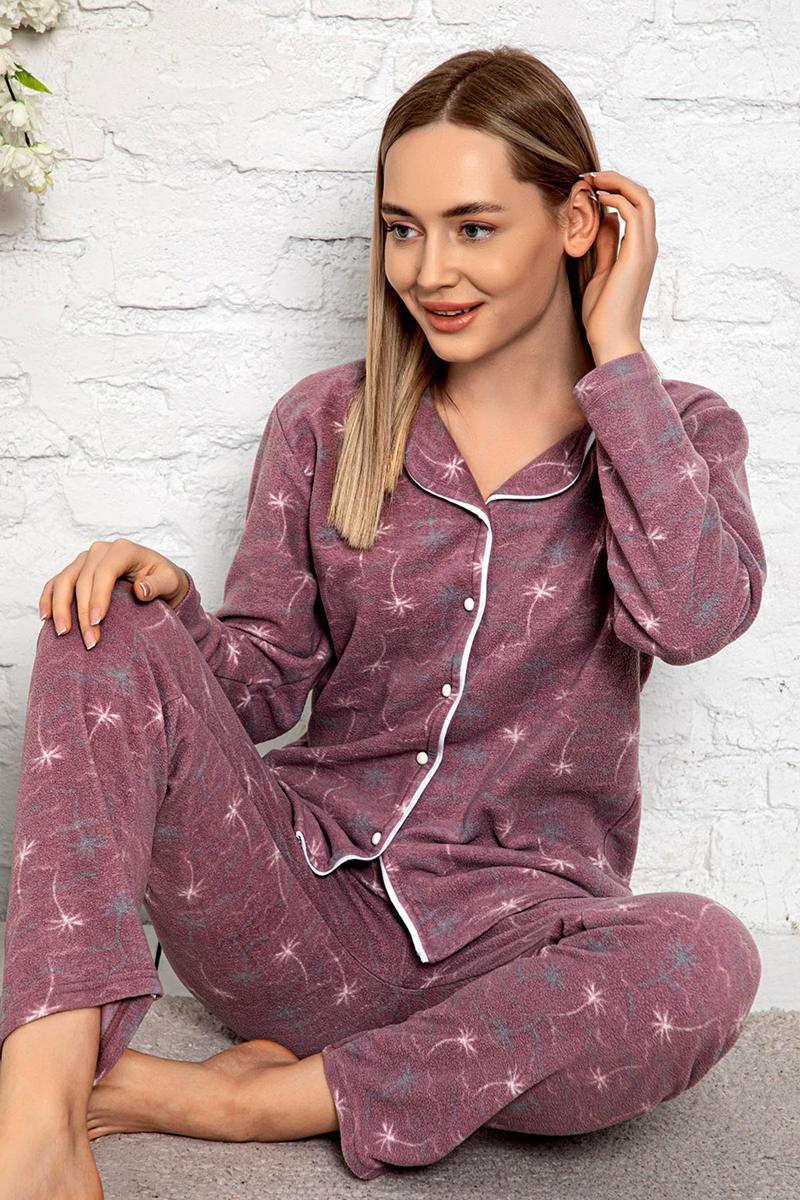 Bayan Kışlık Welsoft Peluş İnci Polar Düğmeli Pijama Takımı 'İpeksi Doku'