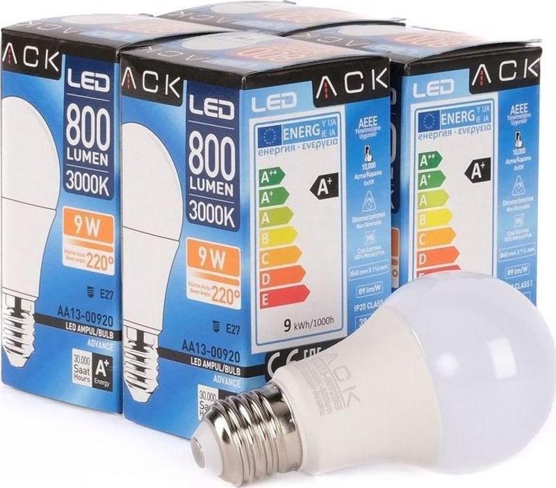 9W LED Ampul 3000K Günışığı E27 4'lü EKO PAKET