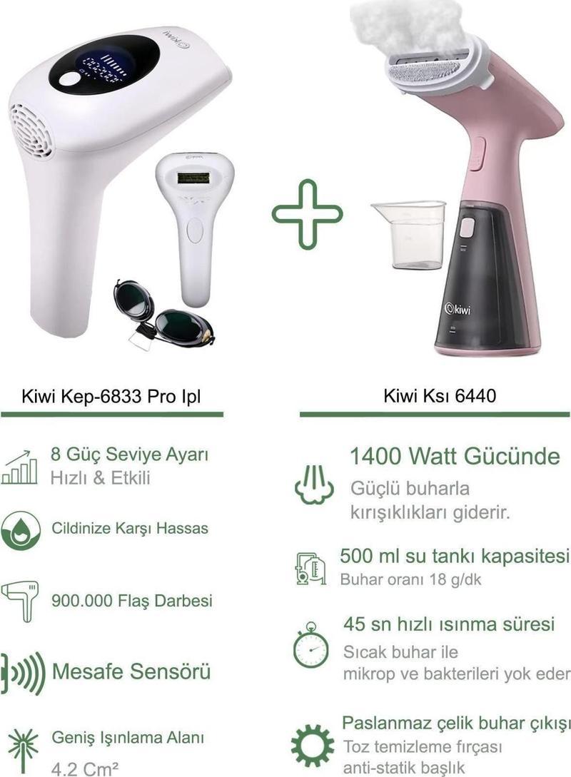 Kep-6833 Pro Ipl Lazer Epilasyon +Kiwi 6440 Buharlı Dikey Ütü Pembe