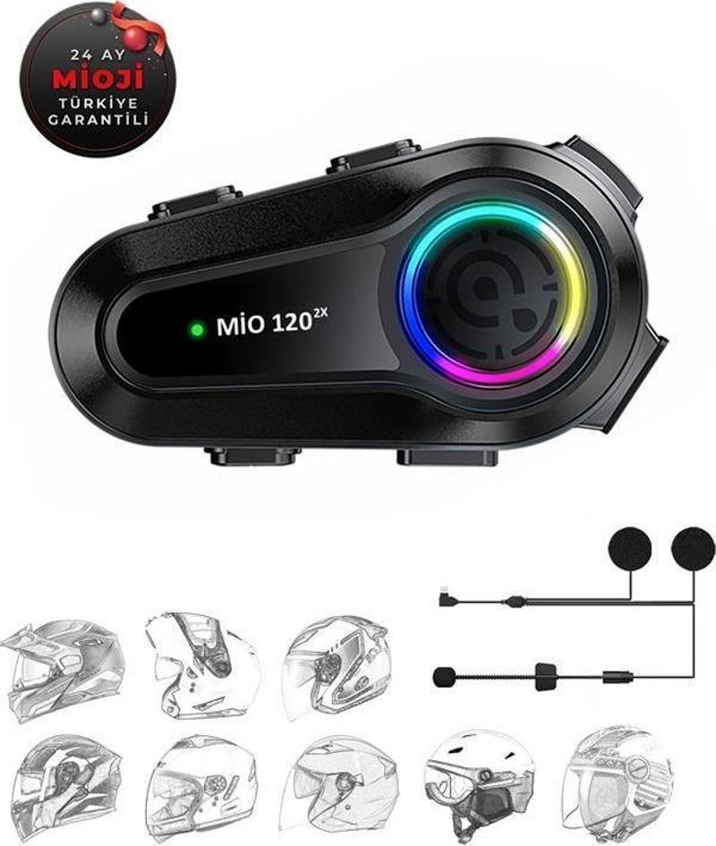 Mio 120 2x RGB 1000mAh IPX6 1500m 2 Kişilik Kask Intercom Motosiklet Bluetooth Kulaklık - Siyah