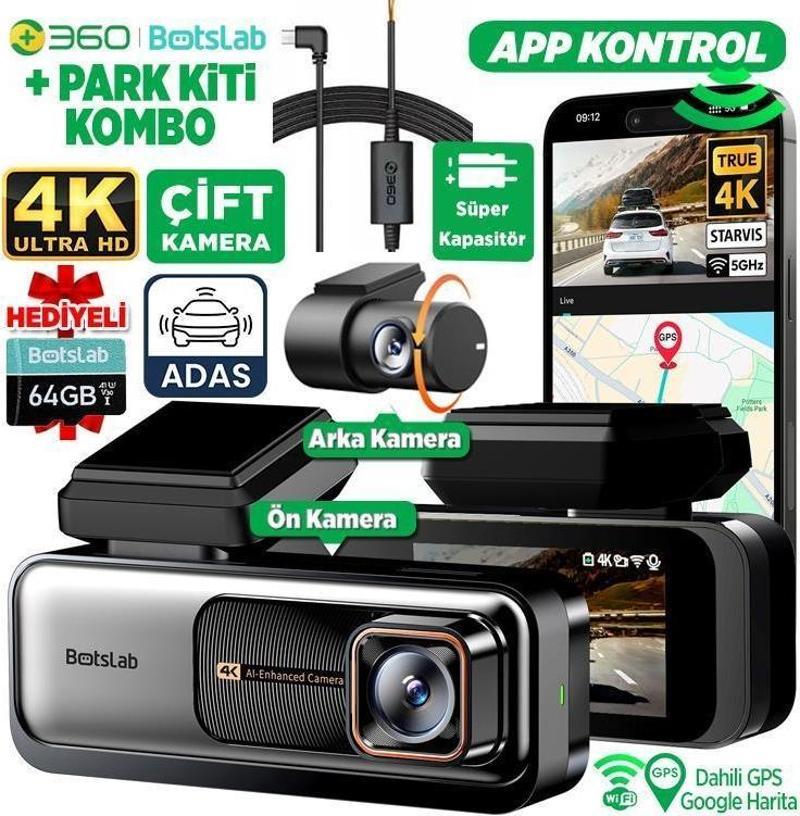 Botslab G980H Pro ADAS Ön Kamera Gerçek 4K UHD Arka 2K QHD 170° Geniş Açı Lens Gece Görüşü Dahili Gps Modülü Akıllı Araç İçi Kamera (64GB HAFIZA KARTI HEDİYELİ)+Park Modu Kiti Combo