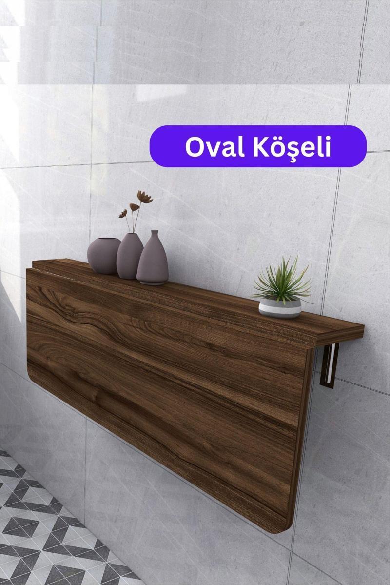 140X60 Cm Oval Köşeli Ceviz Ahşap Desenli Sabit Raflı Duvara Monte Kırma Katlanır Yemek Masası